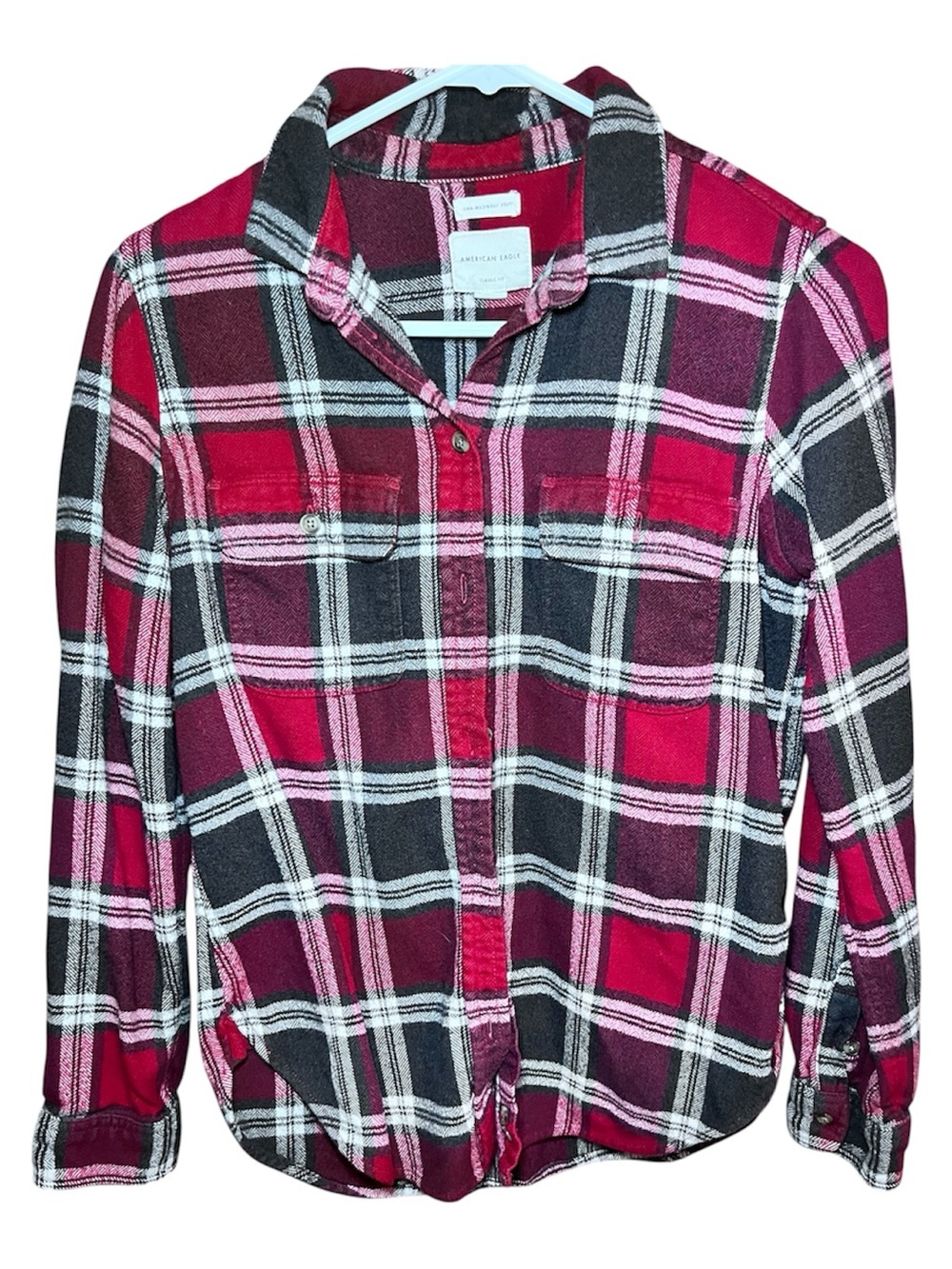 American Eagle Outfitters Red and Black Plaid Button-Down Shirt